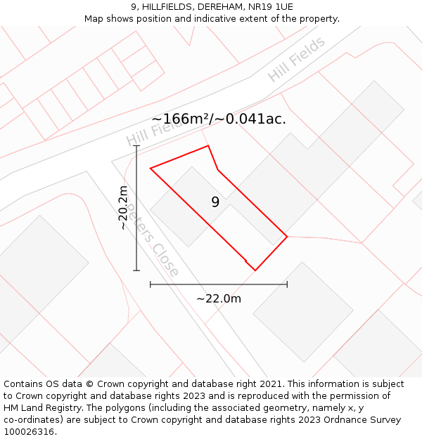 9, HILLFIELDS, DEREHAM, NR19 1UE: Plot and title map