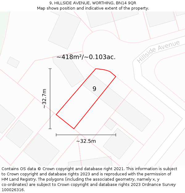 9, HILLSIDE AVENUE, WORTHING, BN14 9QR: Plot and title map