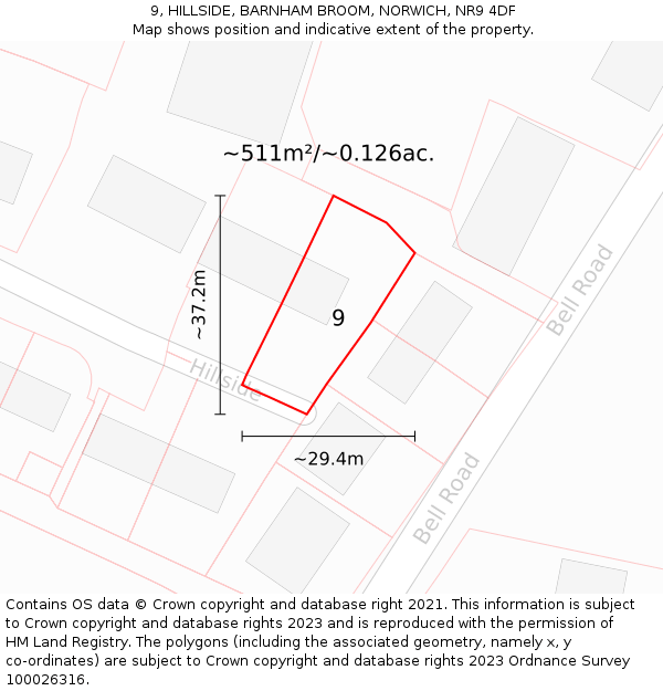 9, HILLSIDE, BARNHAM BROOM, NORWICH, NR9 4DF: Plot and title map