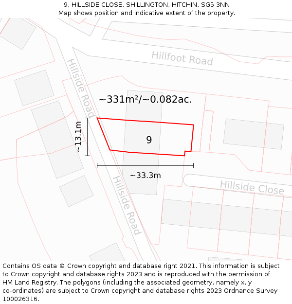 9, HILLSIDE CLOSE, SHILLINGTON, HITCHIN, SG5 3NN: Plot and title map
