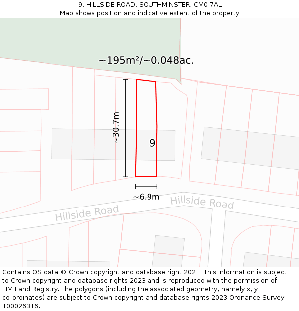 9, HILLSIDE ROAD, SOUTHMINSTER, CM0 7AL: Plot and title map