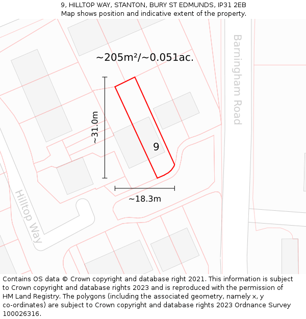 9, HILLTOP WAY, STANTON, BURY ST EDMUNDS, IP31 2EB: Plot and title map
