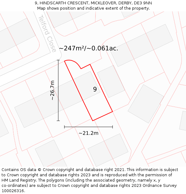 9, HINDSCARTH CRESCENT, MICKLEOVER, DERBY, DE3 9NN: Plot and title map