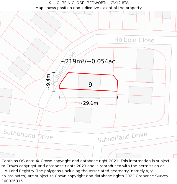 9, HOLBEIN CLOSE, BEDWORTH, CV12 8TA: Plot and title map