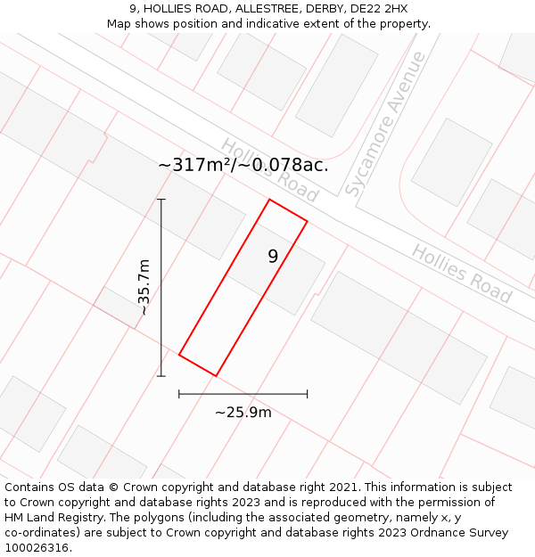 9, HOLLIES ROAD, ALLESTREE, DERBY, DE22 2HX: Plot and title map
