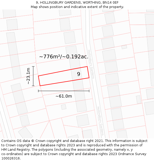 9, HOLLINGBURY GARDENS, WORTHING, BN14 0EF: Plot and title map
