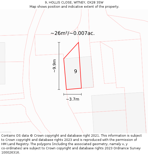 9, HOLLIS CLOSE, WITNEY, OX28 3SW: Plot and title map