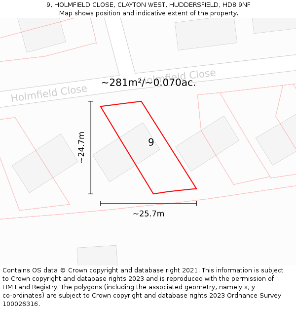 9, HOLMFIELD CLOSE, CLAYTON WEST, HUDDERSFIELD, HD8 9NF: Plot and title map