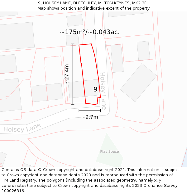 9, HOLSEY LANE, BLETCHLEY, MILTON KEYNES, MK2 3FH: Plot and title map