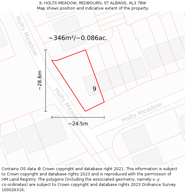 9, HOLTS MEADOW, REDBOURN, ST ALBANS, AL3 7BW: Plot and title map