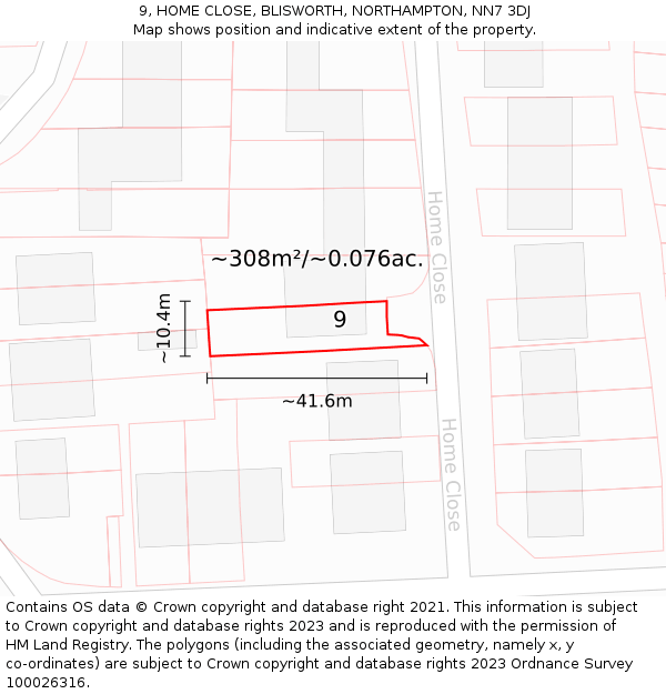 9, HOME CLOSE, BLISWORTH, NORTHAMPTON, NN7 3DJ: Plot and title map