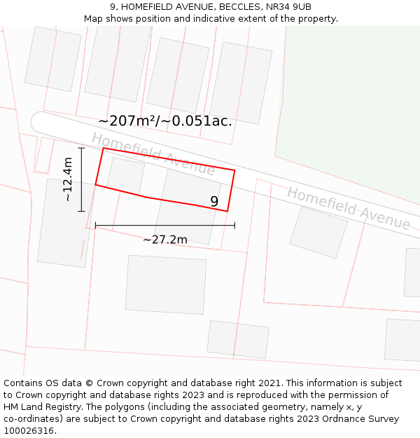 9, HOMEFIELD AVENUE, BECCLES, NR34 9UB: Plot and title map