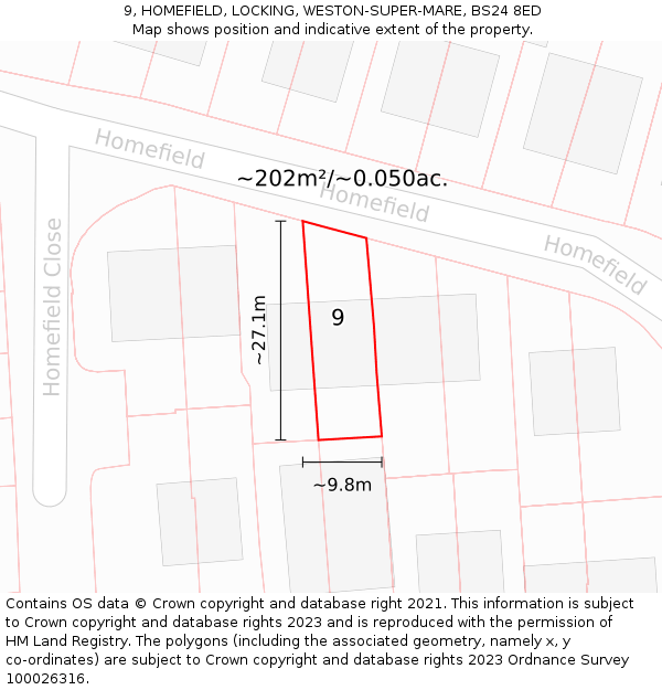 9, HOMEFIELD, LOCKING, WESTON-SUPER-MARE, BS24 8ED: Plot and title map