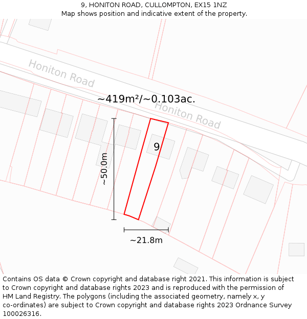 9, HONITON ROAD, CULLOMPTON, EX15 1NZ: Plot and title map