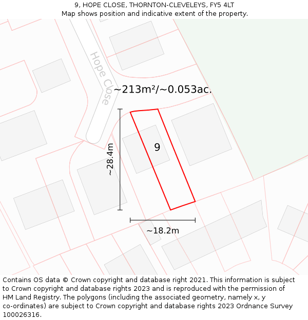 9, HOPE CLOSE, THORNTON-CLEVELEYS, FY5 4LT: Plot and title map