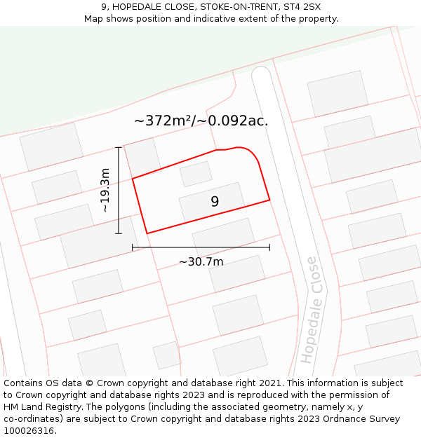 9, HOPEDALE CLOSE, STOKE-ON-TRENT, ST4 2SX: Plot and title map