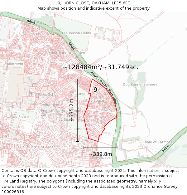 9, HORN CLOSE, OAKHAM, LE15 6FE: Plot and title map