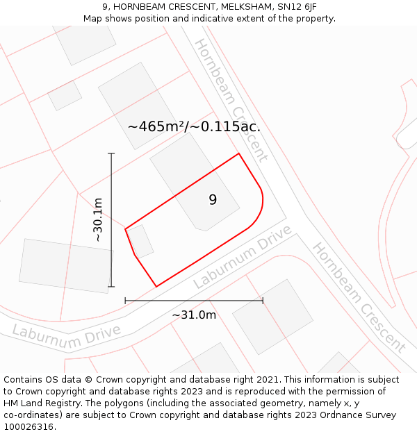 9, HORNBEAM CRESCENT, MELKSHAM, SN12 6JF: Plot and title map