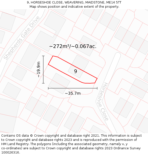 9, HORSESHOE CLOSE, WEAVERING, MAIDSTONE, ME14 5TT: Plot and title map