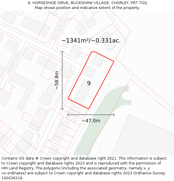 9, HORSESHOE DRIVE, BUCKSHAW VILLAGE, CHORLEY, PR7 7GQ: Plot and title map