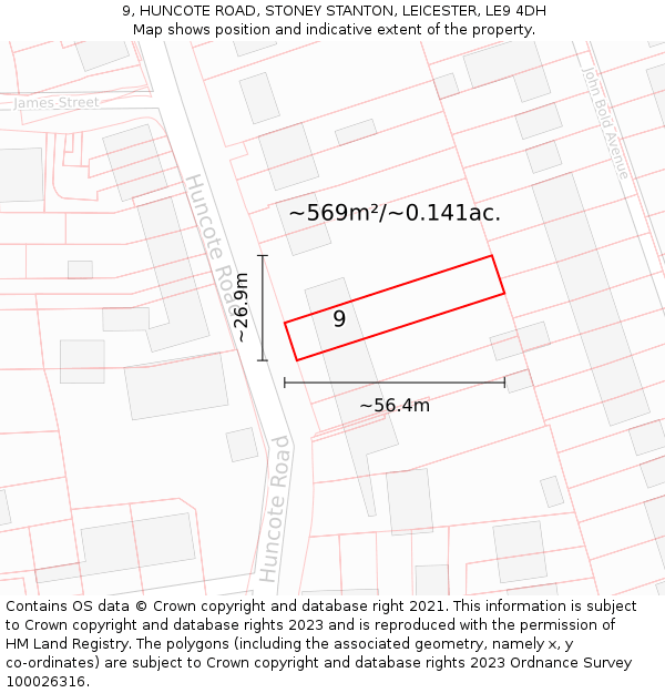 9, HUNCOTE ROAD, STONEY STANTON, LEICESTER, LE9 4DH: Plot and title map