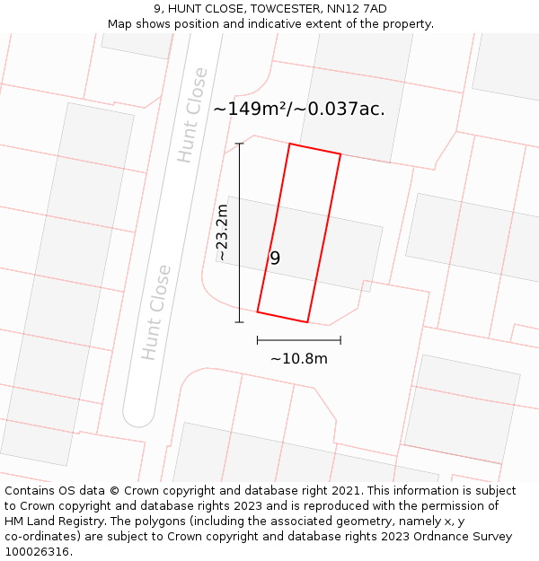 9, HUNT CLOSE, TOWCESTER, NN12 7AD: Plot and title map