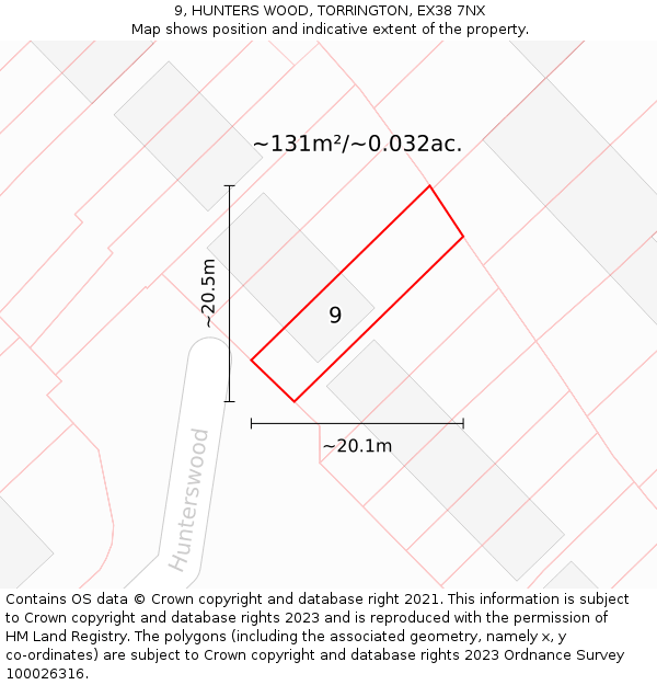 9, HUNTERS WOOD, TORRINGTON, EX38 7NX: Plot and title map
