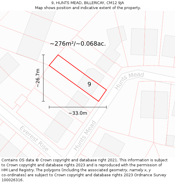 9, HUNTS MEAD, BILLERICAY, CM12 9JA: Plot and title map