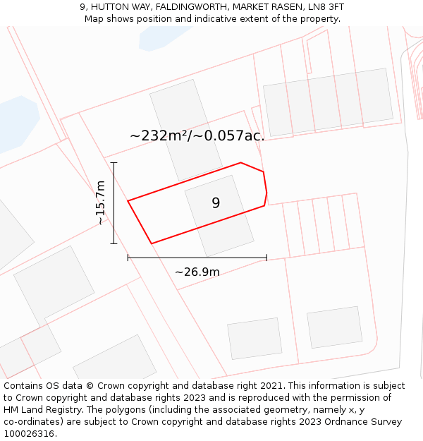 9, HUTTON WAY, FALDINGWORTH, MARKET RASEN, LN8 3FT: Plot and title map