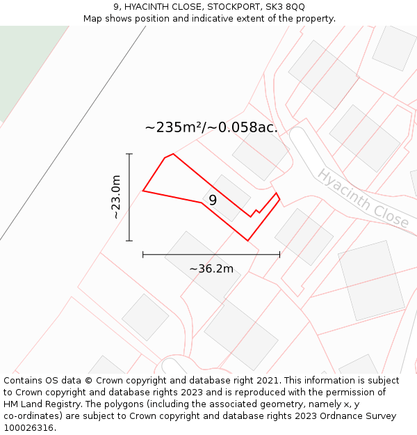 9, HYACINTH CLOSE, STOCKPORT, SK3 8QQ: Plot and title map