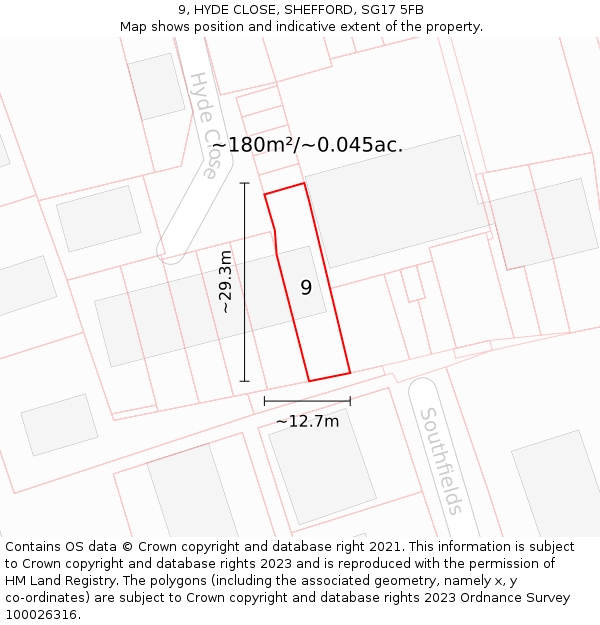 9, HYDE CLOSE, SHEFFORD, SG17 5FB: Plot and title map