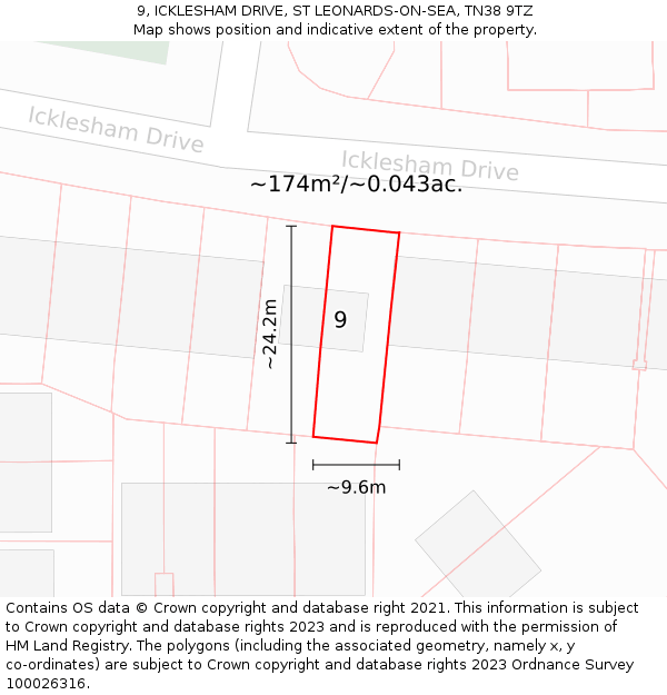 9, ICKLESHAM DRIVE, ST LEONARDS-ON-SEA, TN38 9TZ: Plot and title map