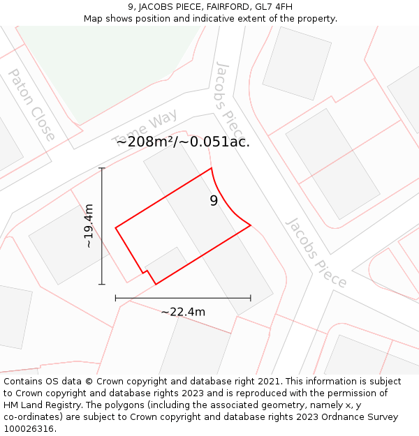 9, JACOBS PIECE, FAIRFORD, GL7 4FH: Plot and title map