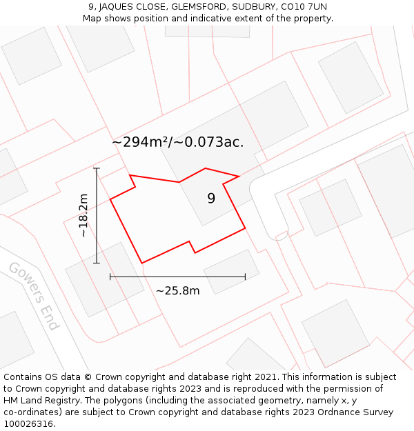 9, JAQUES CLOSE, GLEMSFORD, SUDBURY, CO10 7UN: Plot and title map