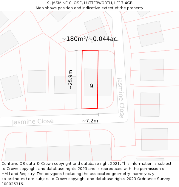 9, JASMINE CLOSE, LUTTERWORTH, LE17 4GR: Plot and title map