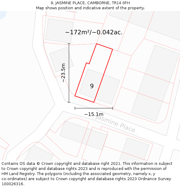 9, JASMINE PLACE, CAMBORNE, TR14 0FH: Plot and title map