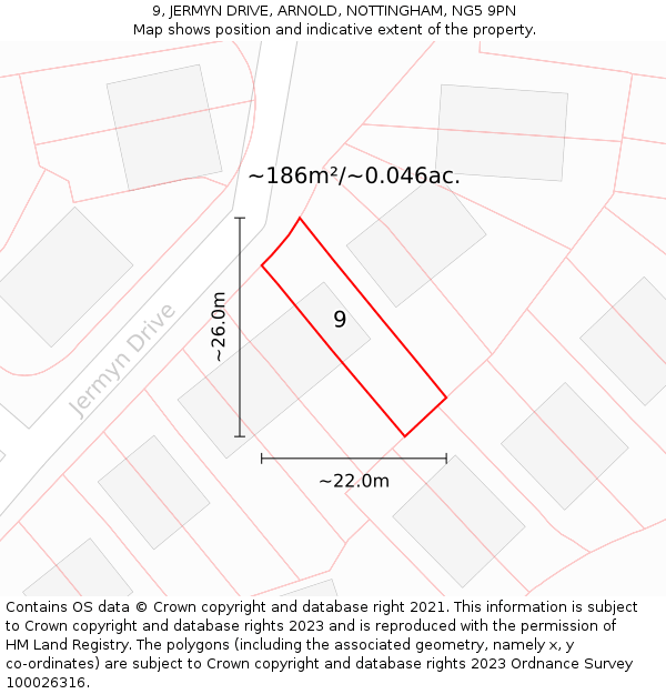 9, JERMYN DRIVE, ARNOLD, NOTTINGHAM, NG5 9PN: Plot and title map