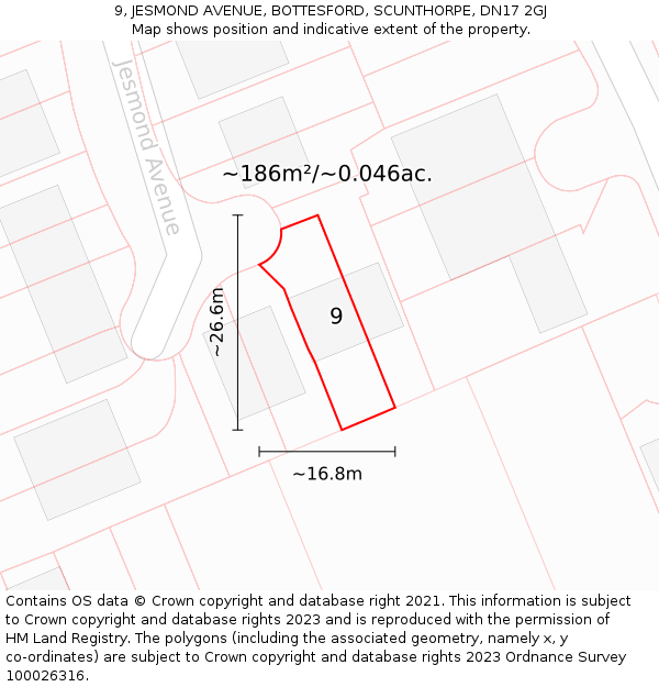 9, JESMOND AVENUE, BOTTESFORD, SCUNTHORPE, DN17 2GJ: Plot and title map