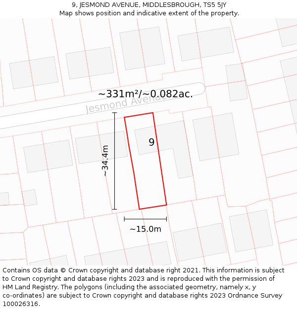 9, JESMOND AVENUE, MIDDLESBROUGH, TS5 5JY: Plot and title map