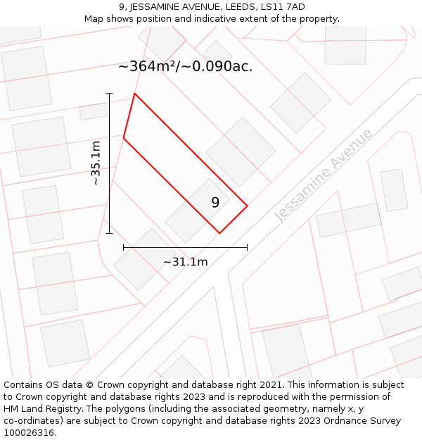 9, JESSAMINE AVENUE, LEEDS, LS11 7AD: Plot and title map
