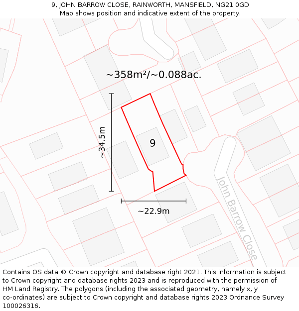 9, JOHN BARROW CLOSE, RAINWORTH, MANSFIELD, NG21 0GD: Plot and title map