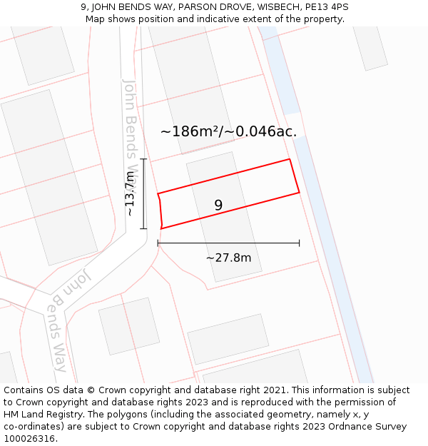 9, JOHN BENDS WAY, PARSON DROVE, WISBECH, PE13 4PS: Plot and title map