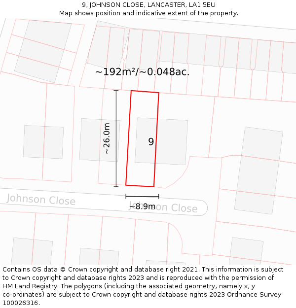 9, JOHNSON CLOSE, LANCASTER, LA1 5EU: Plot and title map