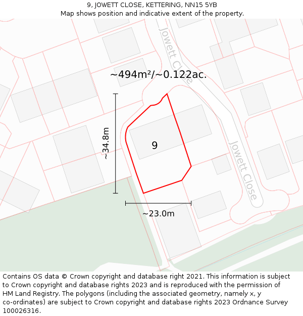 9, JOWETT CLOSE, KETTERING, NN15 5YB: Plot and title map
