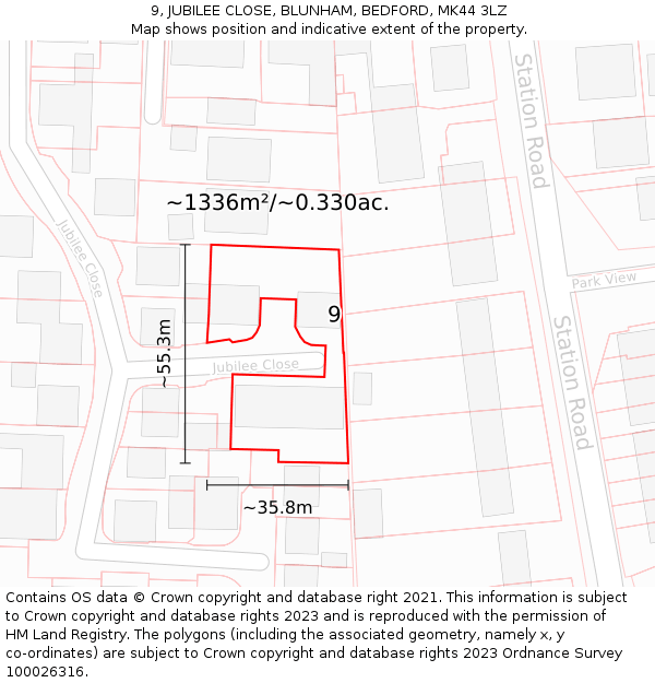 9, JUBILEE CLOSE, BLUNHAM, BEDFORD, MK44 3LZ: Plot and title map