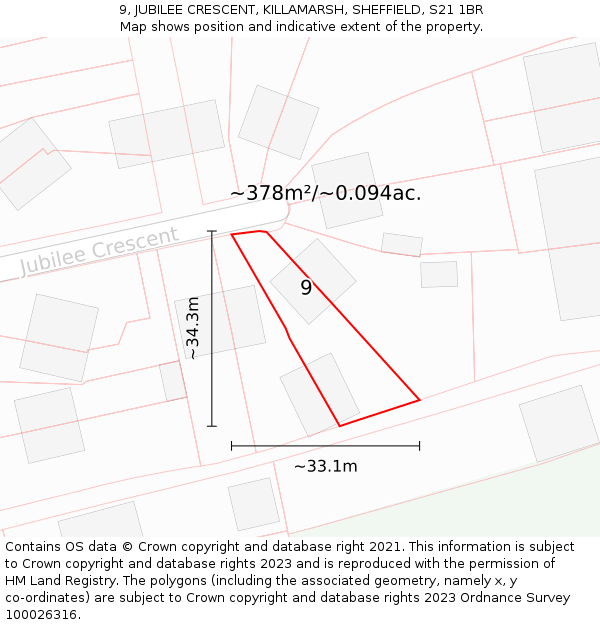 9, JUBILEE CRESCENT, KILLAMARSH, SHEFFIELD, S21 1BR: Plot and title map