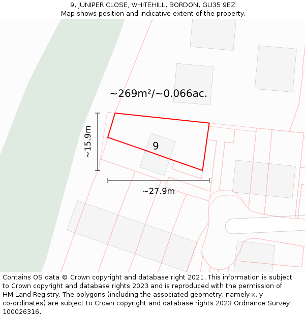 9, JUNIPER CLOSE, WHITEHILL, BORDON, GU35 9EZ: Plot and title map