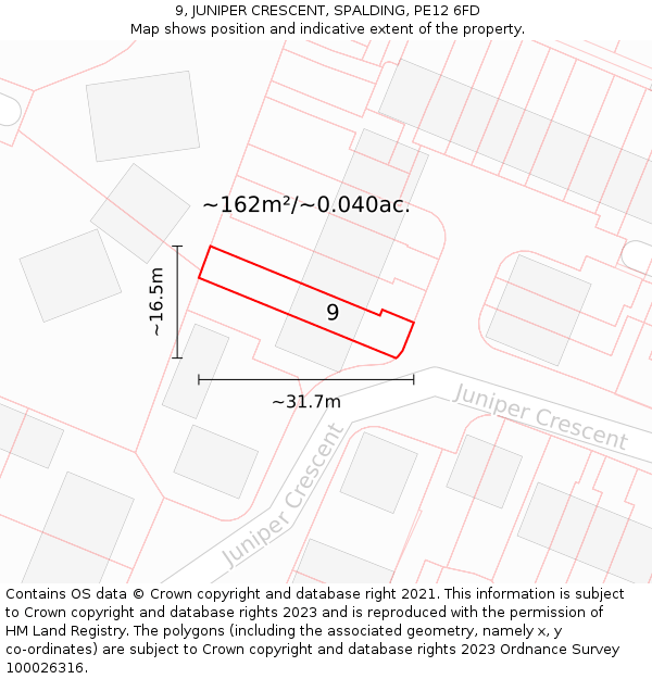 9, JUNIPER CRESCENT, SPALDING, PE12 6FD: Plot and title map