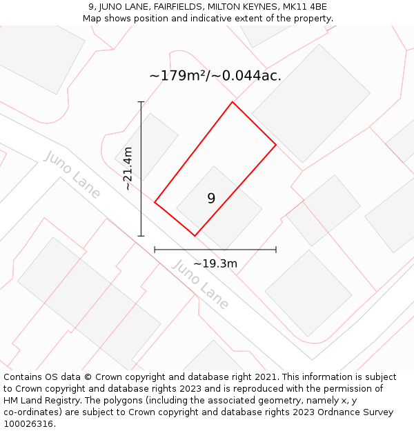9, JUNO LANE, FAIRFIELDS, MILTON KEYNES, MK11 4BE: Plot and title map