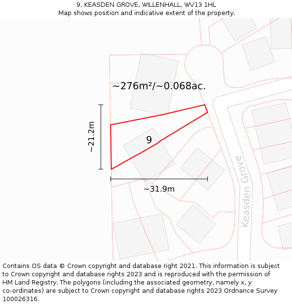 9, KEASDEN GROVE, WILLENHALL, WV13 1HL: Plot and title map